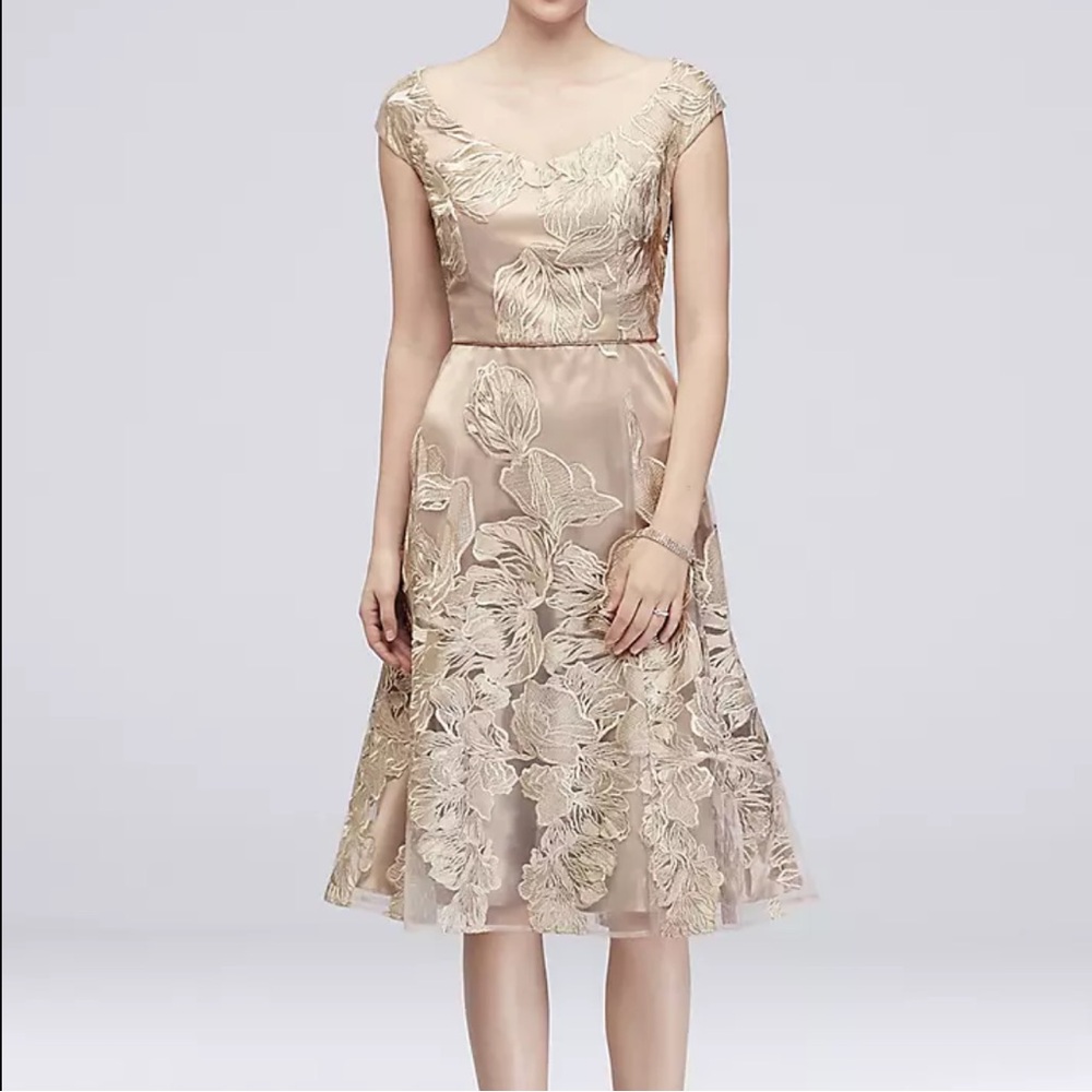 NWT Alex Evenings Champagne embroidered Floral Midi Cap Sleeve Formal Dress